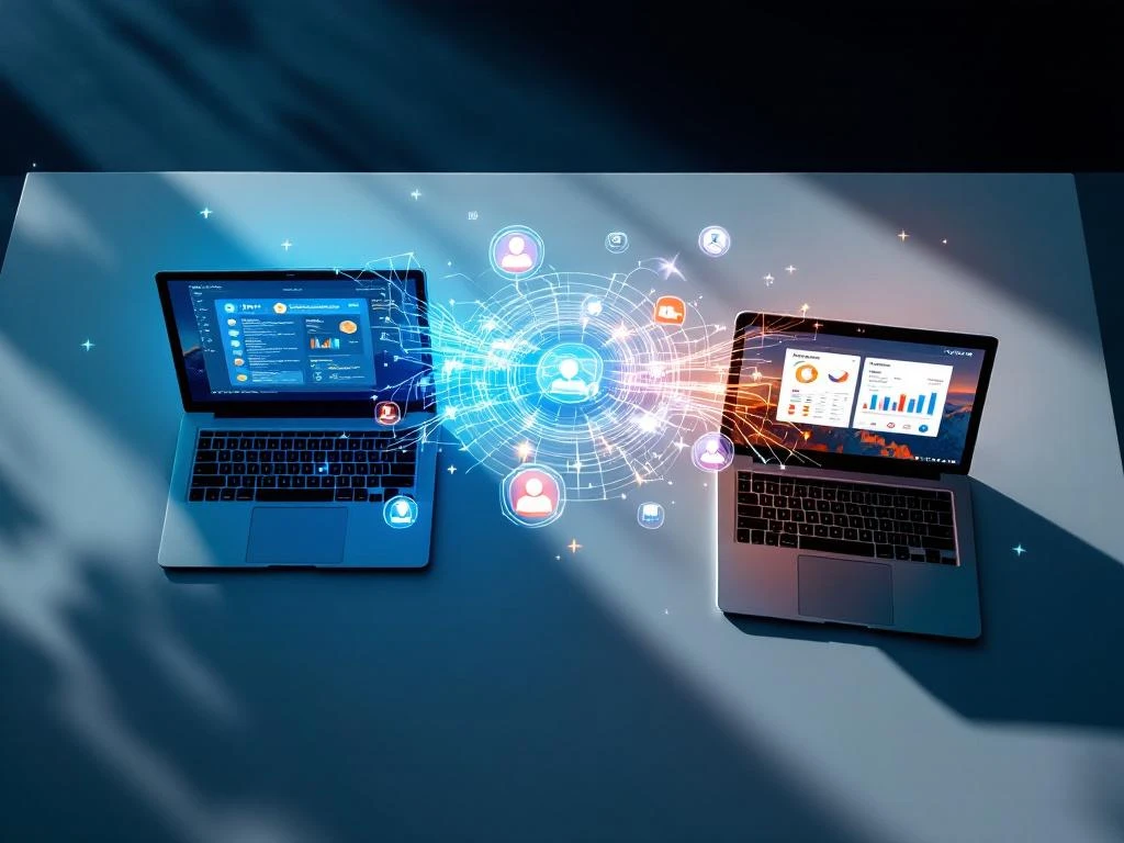 Twee laptops op bureau tonen CRM en SnelStart datasynchronisatie met gloeiende verbindingslijnen tussen schermen