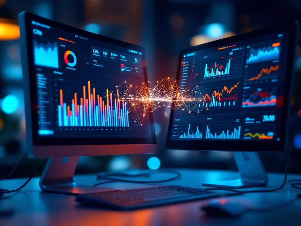 Twee computermonitors tonen CRM-dashboard en SnelStart boekhoudingsoftware met digitale verbindingslijnen ertussen