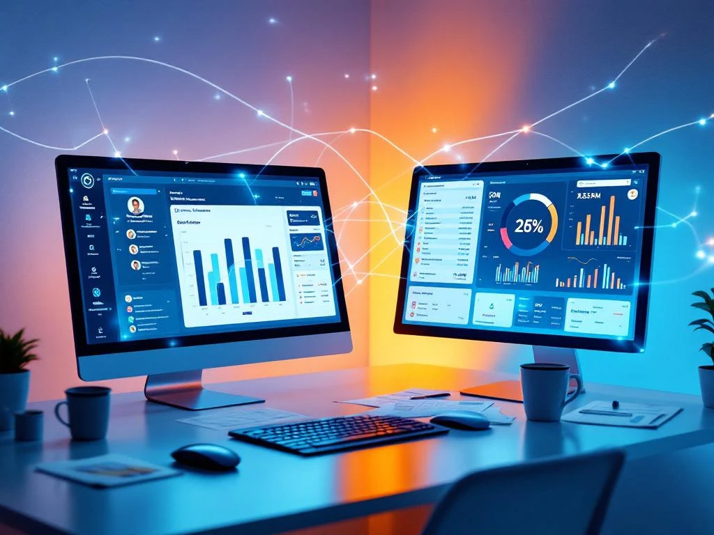 Twee computermonitoren tonen CRM-dashboard en Snelstart boekhoudingsoftware met verbindingslijnen op modern bureau
