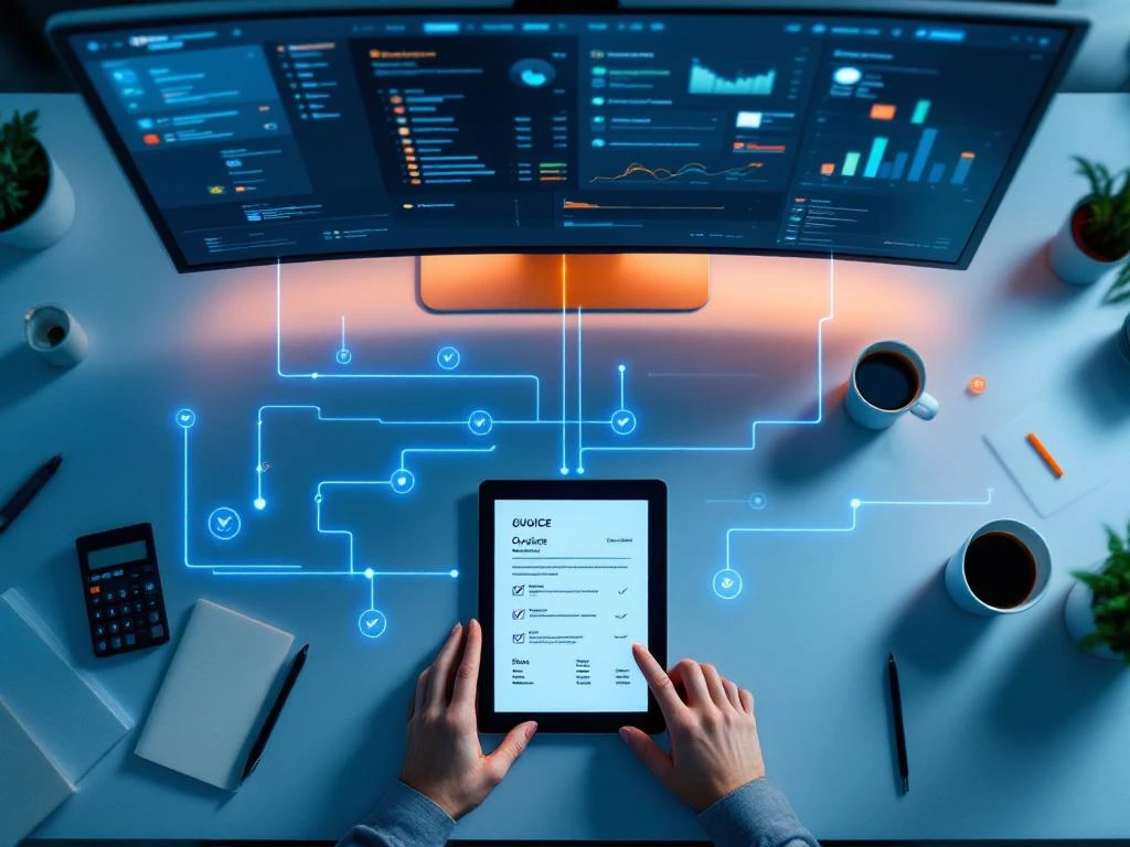 Modern bureau met tablet met offerteformulier en monitor met projectdashboard, verbonden door digitale paden voor CRM-automatisering