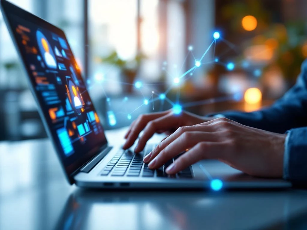Zakenman typt op laptop met holografische CRM-interface en klantgegevens in modern kantoor