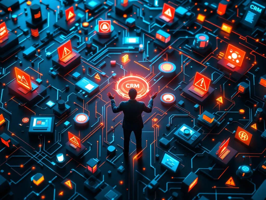 Zakenman navigeert complex doolhof van CRM-software opties met rode waarschuwingssignalen en digitale interfaces
