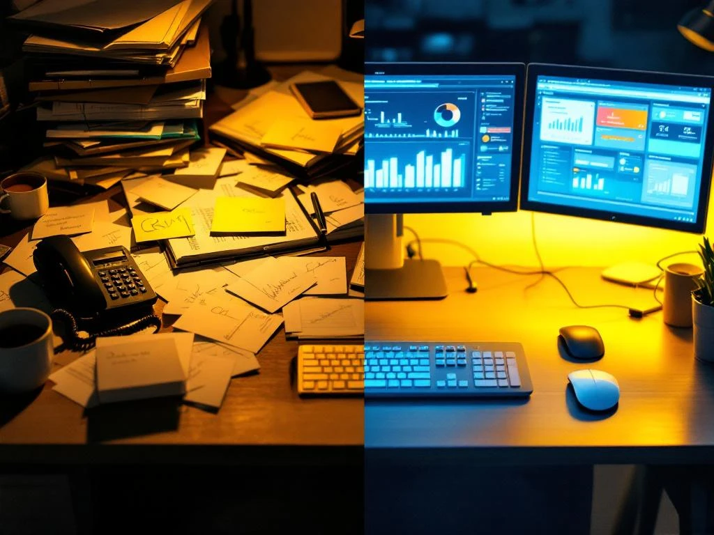 Vergelijking van rommelig bureau met papieren visitekaartjes versus modern bureau met CRM-software dashboards op schermen