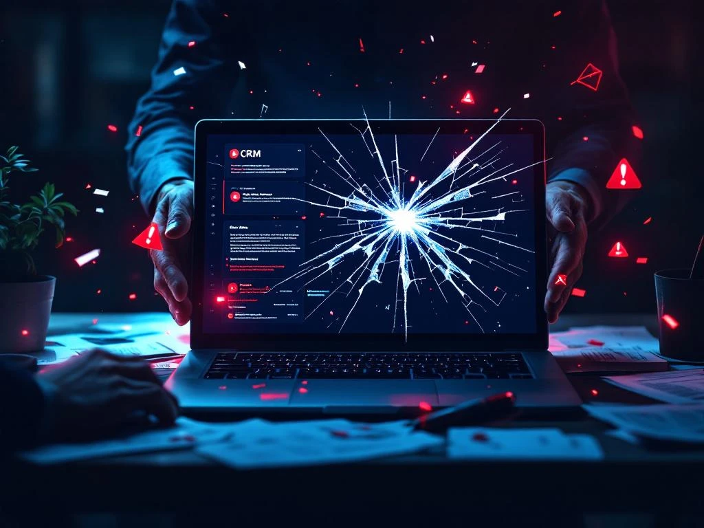 Zakenman met handen boven kapotte computer met CRM-dashboard fouten en rode waarschuwingssymbolen op donker bureau