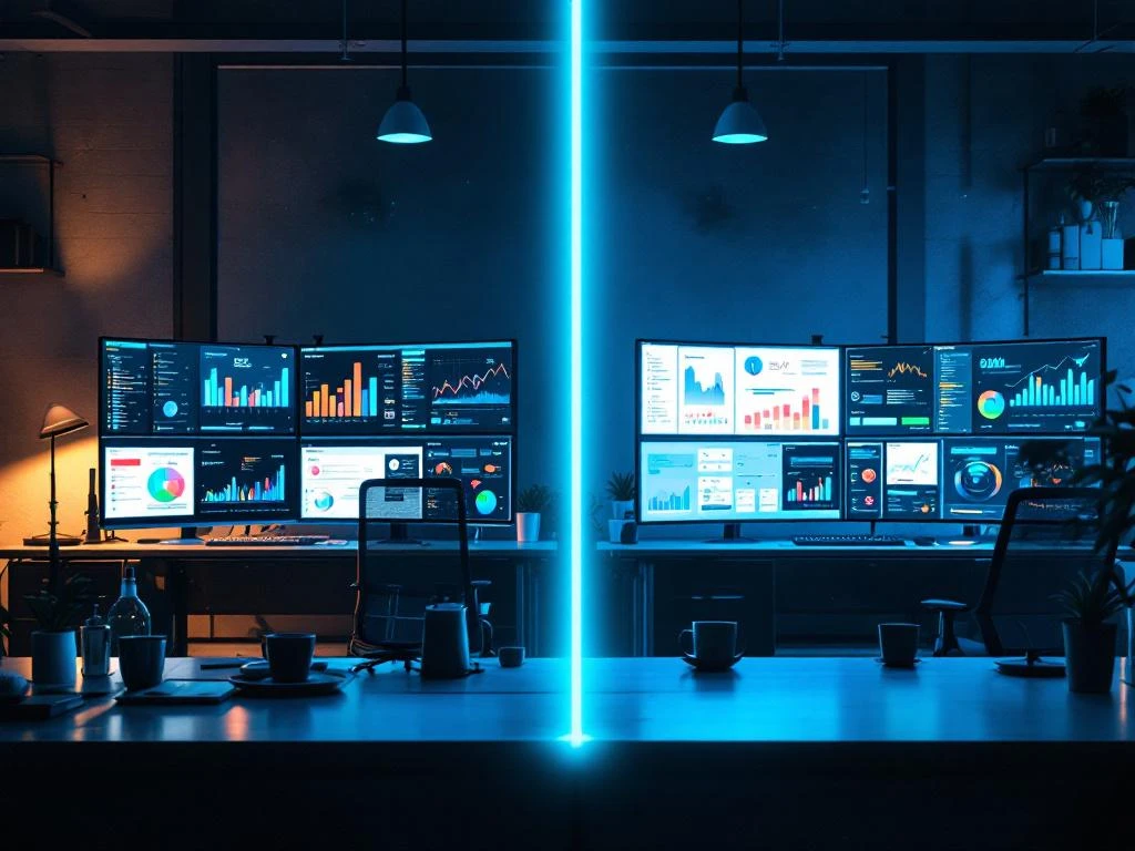 Gesplitst scherm toont operationele CRM-werkplek links en analytische dashboards rechts, gescheiden door blauwe gloed