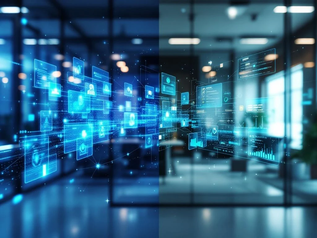 Gesplitst scherm toont dataïntegratie tussen holografische klantgegevens en Exact software-interface in modern kantoor