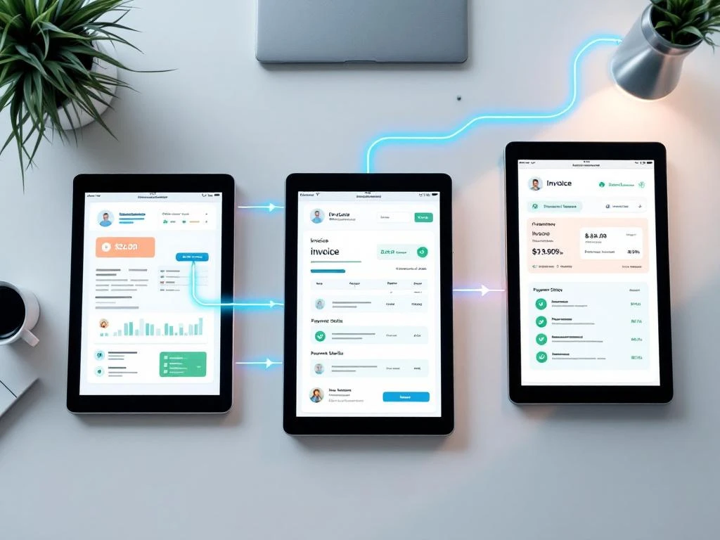 Drie tablets op wit bureau tonen financiële documenten verbonden door blauwe datastromen voor geïntegreerde workflow