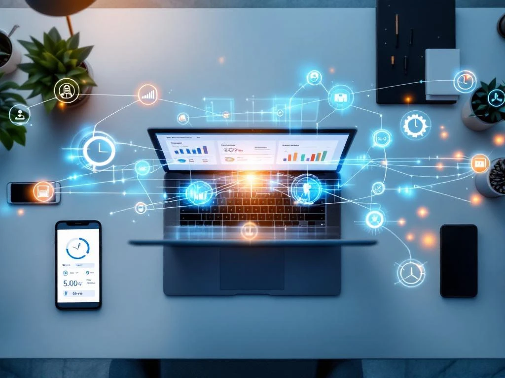 Moderne kantoorbureau met laptop en smartphone verbonden door holografische datavisualisaties en netwerklijnen