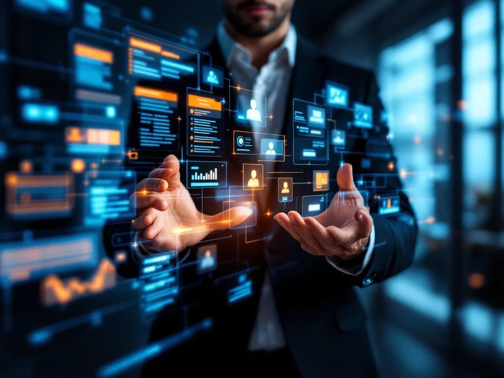 Professionele handen besturen holografische CRM-modules en projecttijdlijnen in Compenda's blauwe en oranje interface