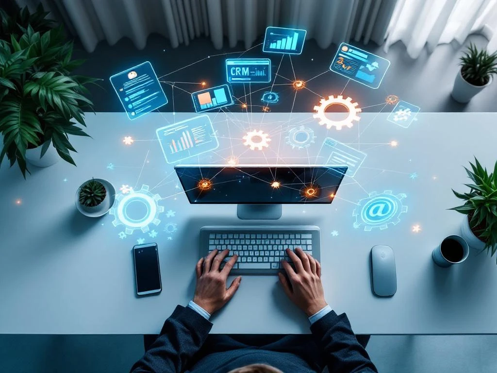 Modern bureau met zwevende holografische CRM-dashboards en projecttijdlijnen verbonden door blauwe en oranje lijnen