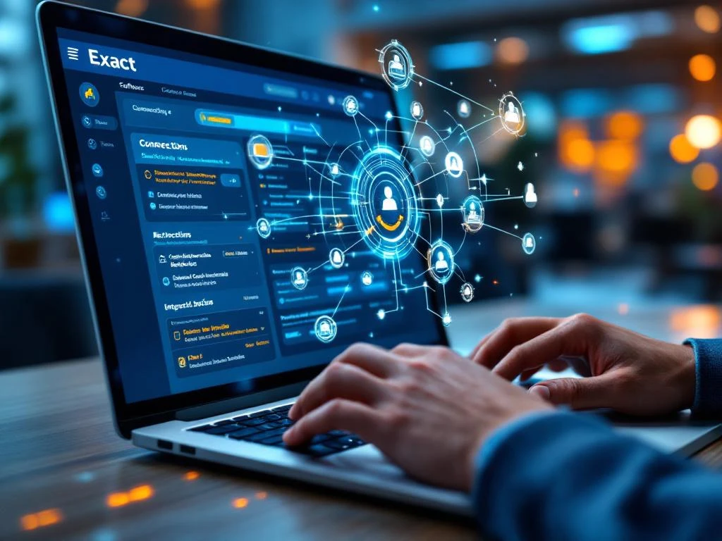 Handen typen op laptop met Exact software interface, holografische verbindingspictogrammen en datastromen op scherm