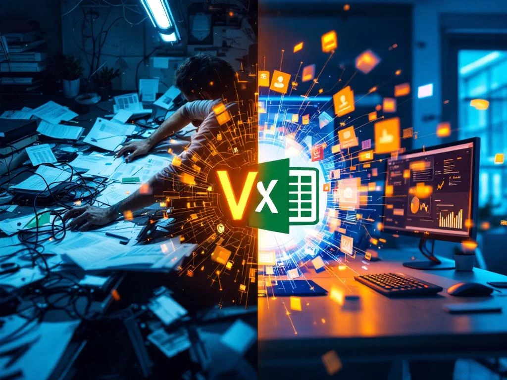 Vergelijking rommelig bureau met Excel-documenten versus georganiseerde digitale werkruimte met projectdashboards