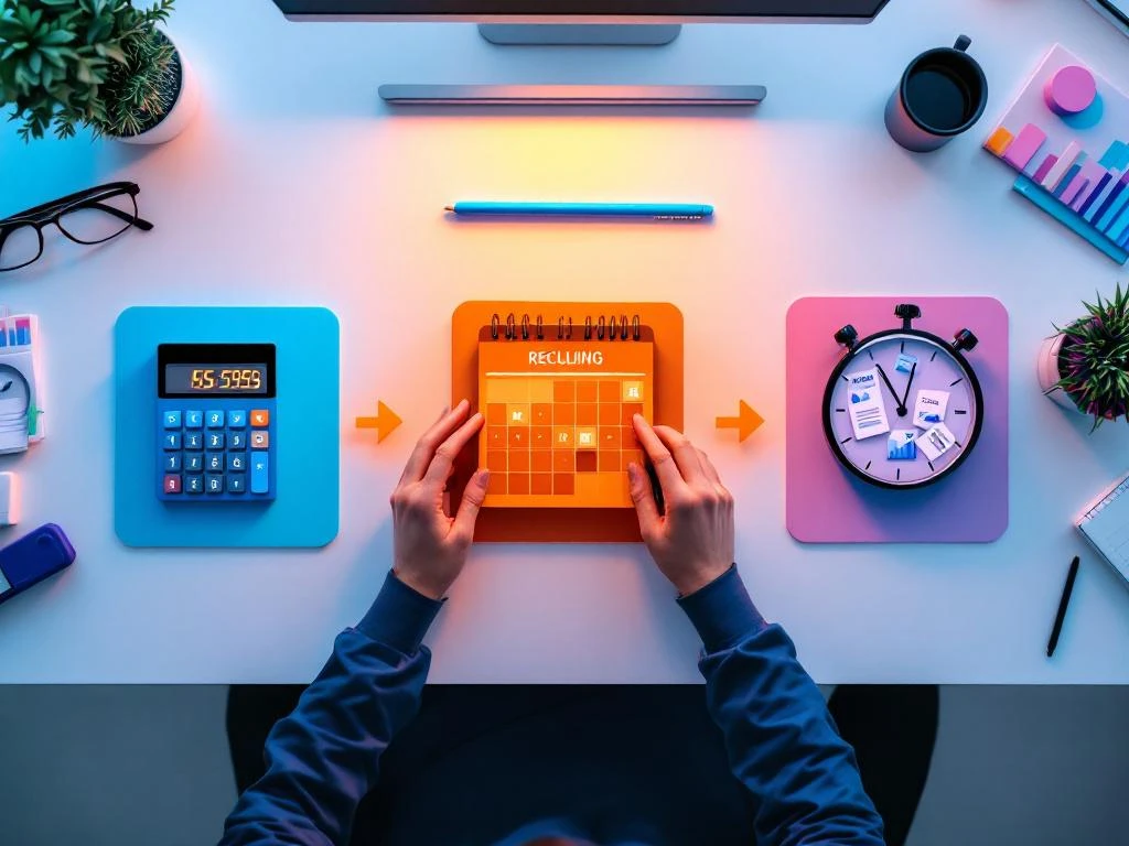 Moderne kantoorbureau met drie factureermethoden: rekenmachine, kalender en stopwatch met documenten en tablet