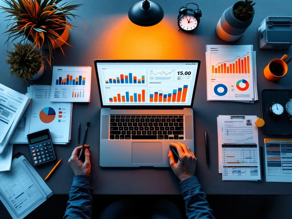 Moderne kantoorwerkplek met laptop met budgetgrafieken, financiële documenten, rekenmachine en planningsmateriaal