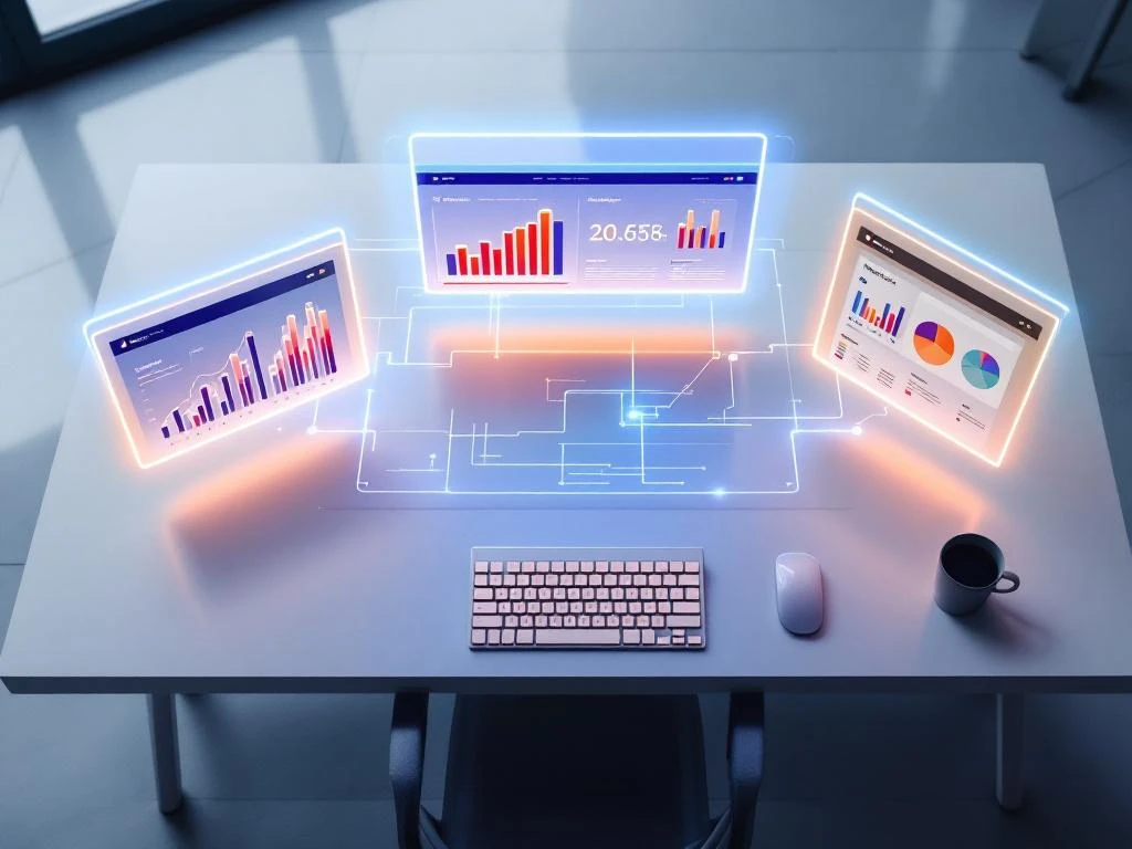 Moderne werkruimte met drie holografische interfaces die tijd tracking, budget grafieken en rapporten tonen boven bureau