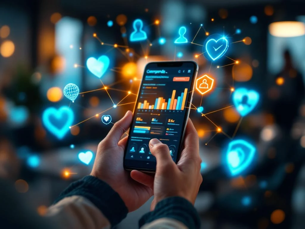 Handen houden smartphone met klantrelatie dashboard en holografische pictogrammen in moderne kantooromgeving
