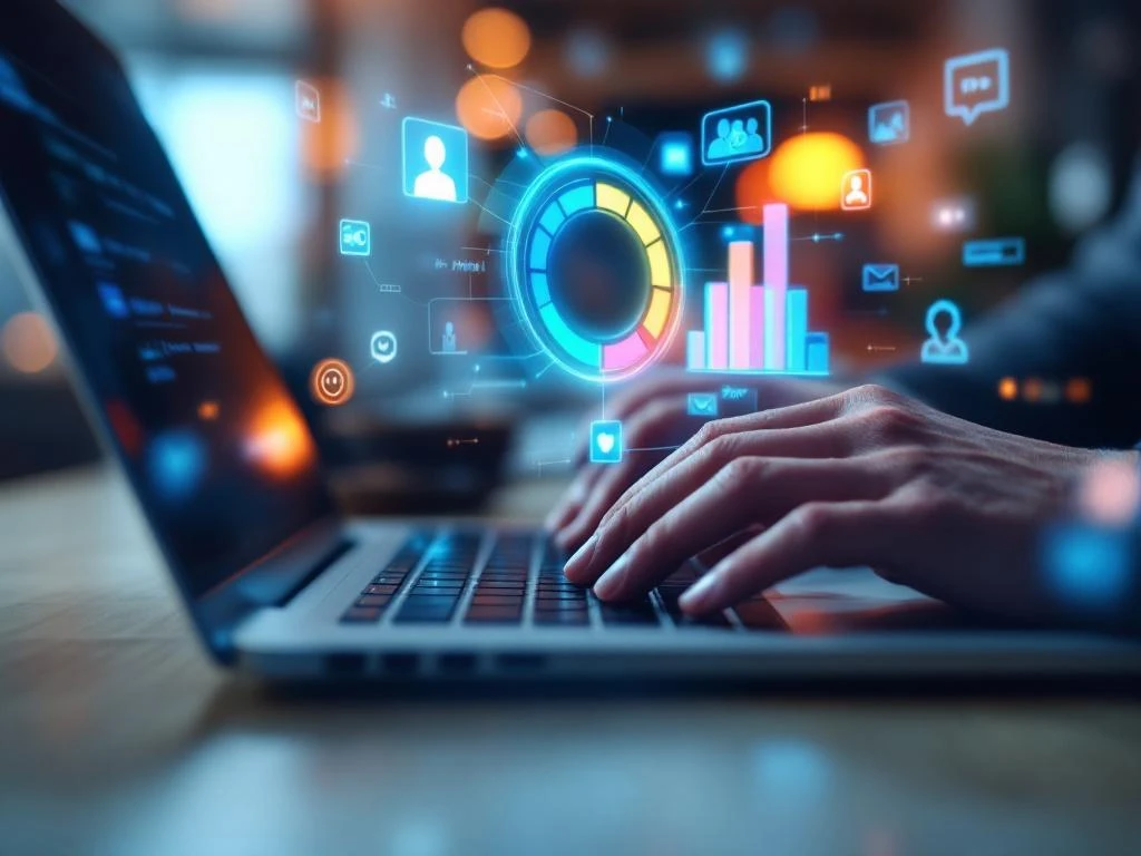 Handen typen op laptop met holografische klanttevredenheidsmeter en CRM-interface elementen in modern kantoor