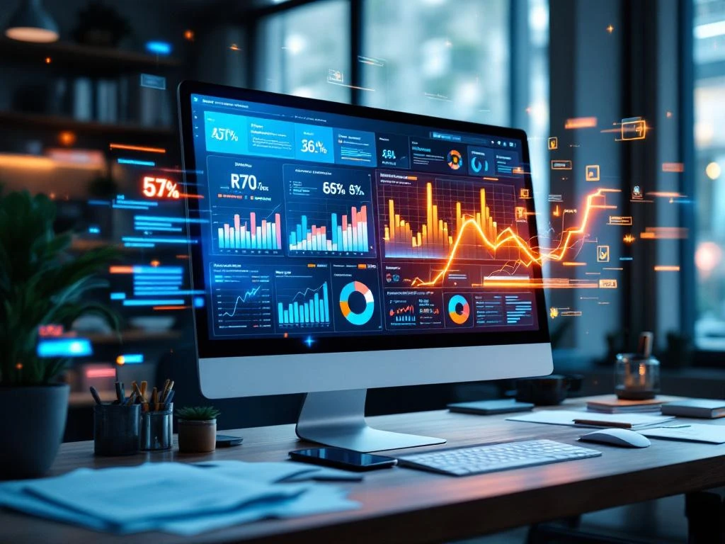 Moderne kantoorwerkplek met computermonitor met kleurrijke analytics dashboards en zwevende digitale datavisualisaties