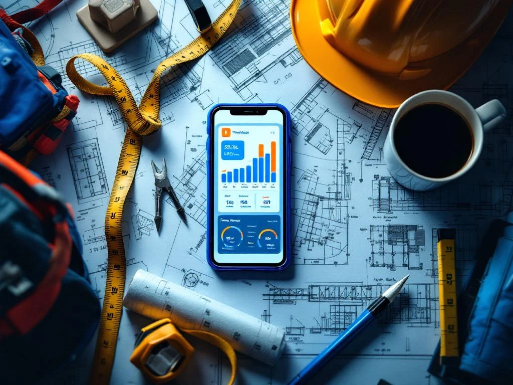 Smartphone met digitale timesheet-interface op bouwsite blauwdruk, omringd door helm, meetlint en koffiekop