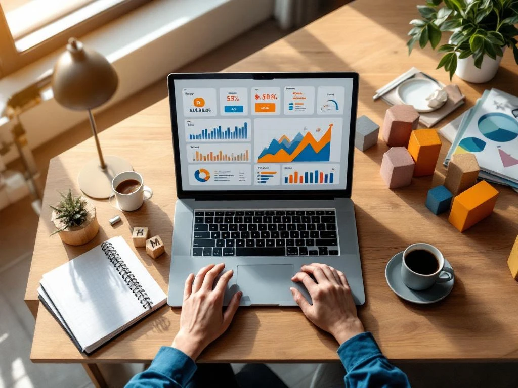 Moderne kantoorwerkplek van bovenaf met laptop met projectmanagement dashboards, smartphone, documenten en koffie