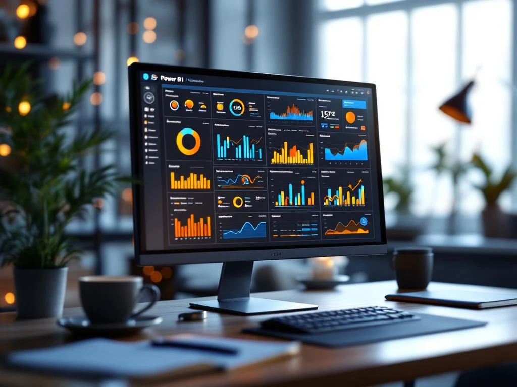 Power BI dashboard op computermonitor toont kleurrijke projectanalyses met grafieken en real-time data in professionele werkruimte