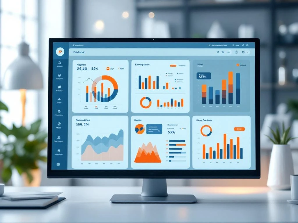 Professioneel projectdashboard op monitor met kleurrijke grafieken, voortgangsbalken en zes rapportpanelen voor CRM-software