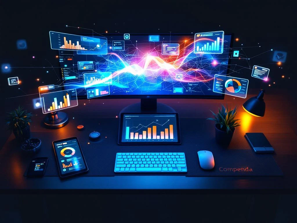 Moderne kantoorbureau met meerdere schermen die projectdashboards, grafieken en real-time data tonen in blauw-oranje thema