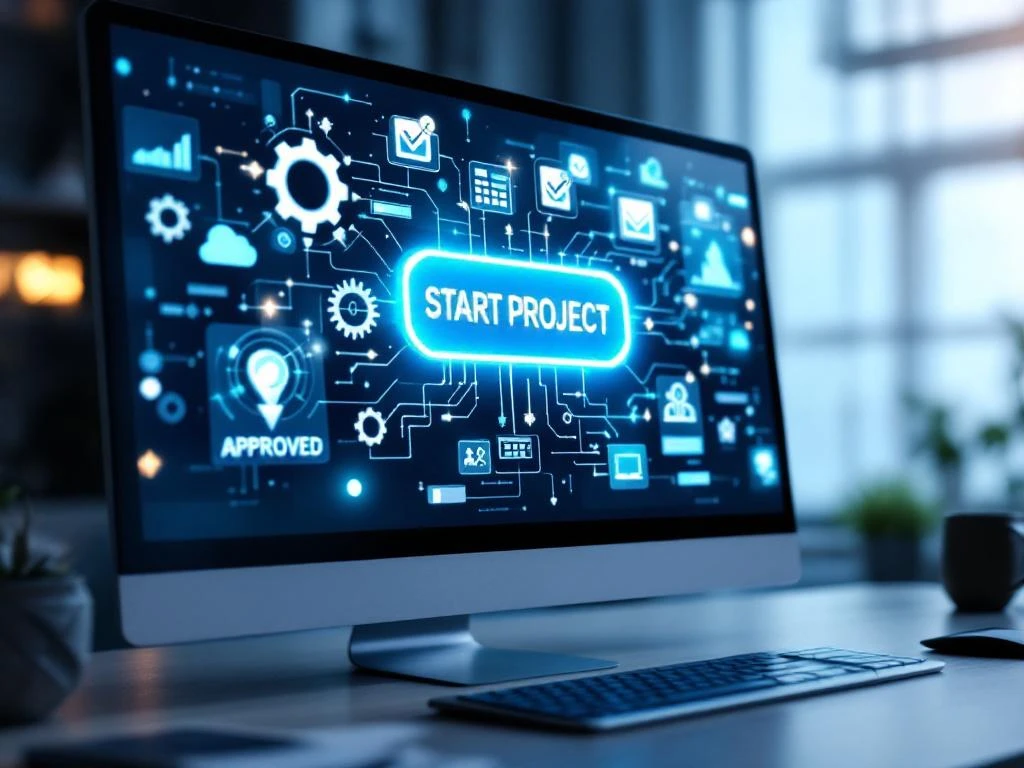 Computerscherm met digitaal dashboard, blauwe START PROJECT-knop en workflow-diagrammen met goedkeuringsvinkjes