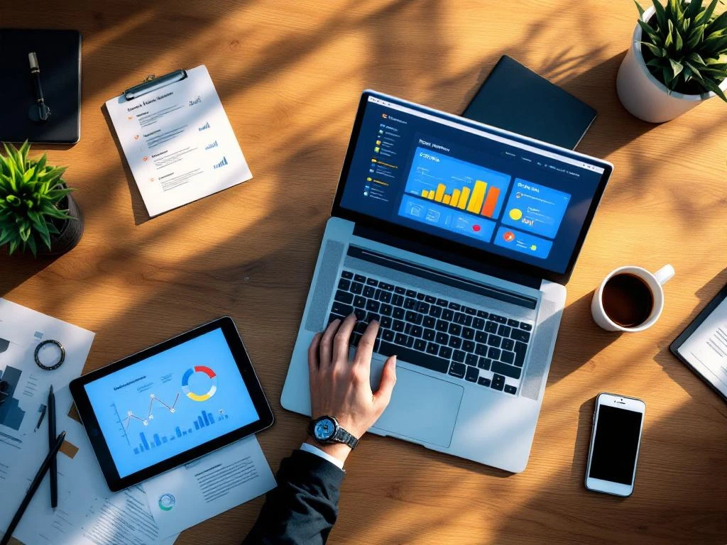 Moderne kantoorwerkplek met laptop met projectmanagement dashboards, tablet, documenten en koffie van bovenaf gezien