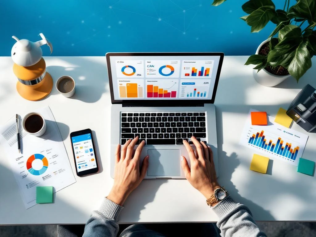 Moderne werkplek van bovenaf met laptop met projectmanagement dashboard, smartphone, documenten en koffie op wit bureau