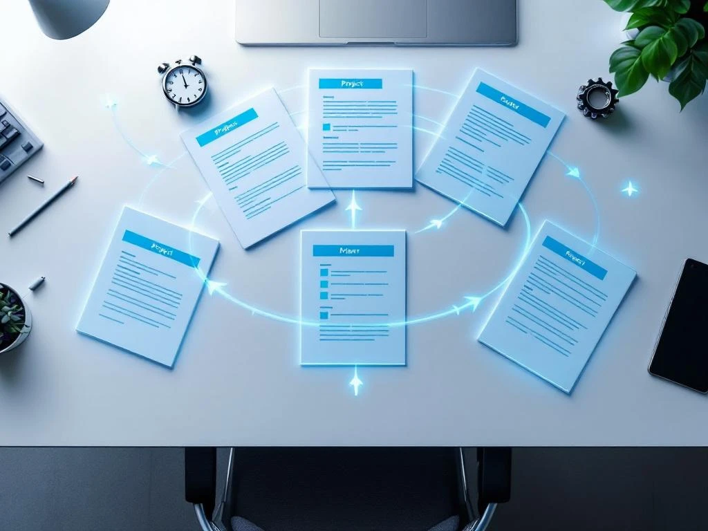 Vijf onderling verbonden projectsjablonen in spiraalpatroon op wit bureau met blauwe accenten en workflow-pijlen