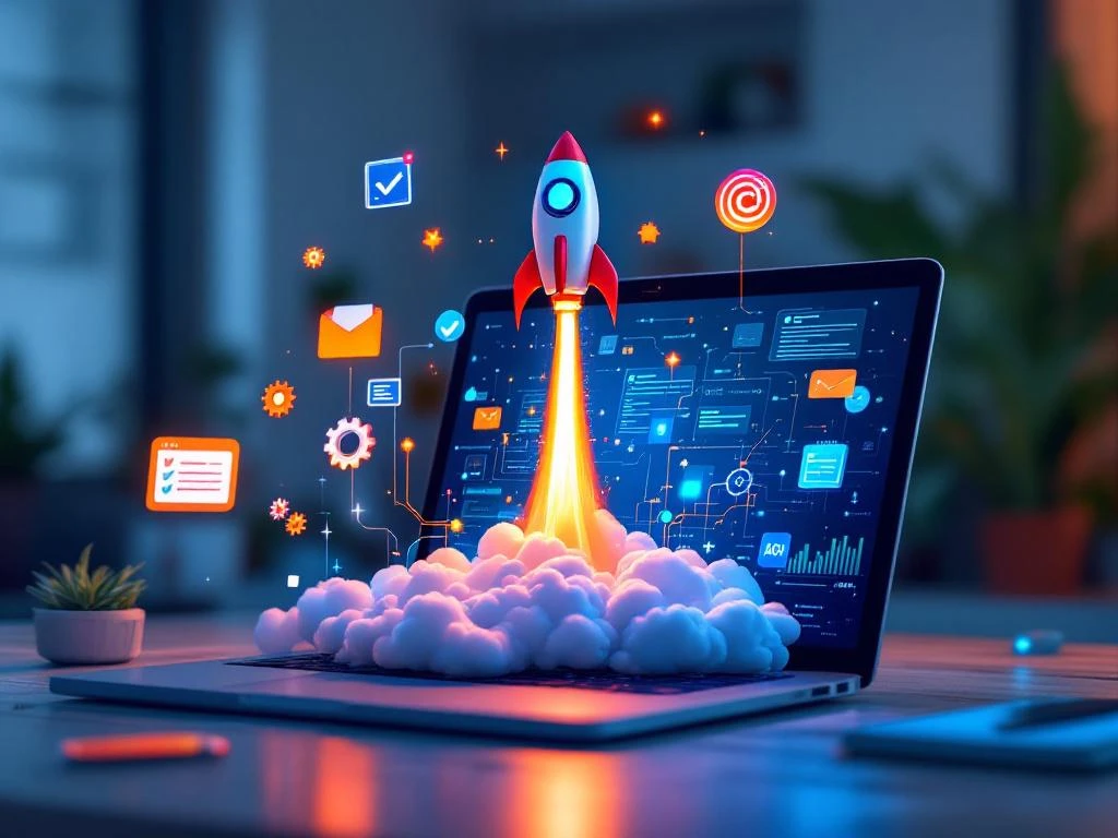 Raket lanceert uit laptop met digitale netwerkverbindingen en zwevende projectmanagement iconen in blauw en oranje