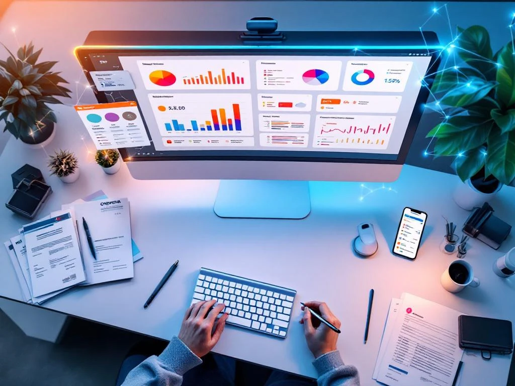 Bovenaanzicht moderne kantoorbureau met computermonitor die projectmanagement dashboards toont, omringd door documenten