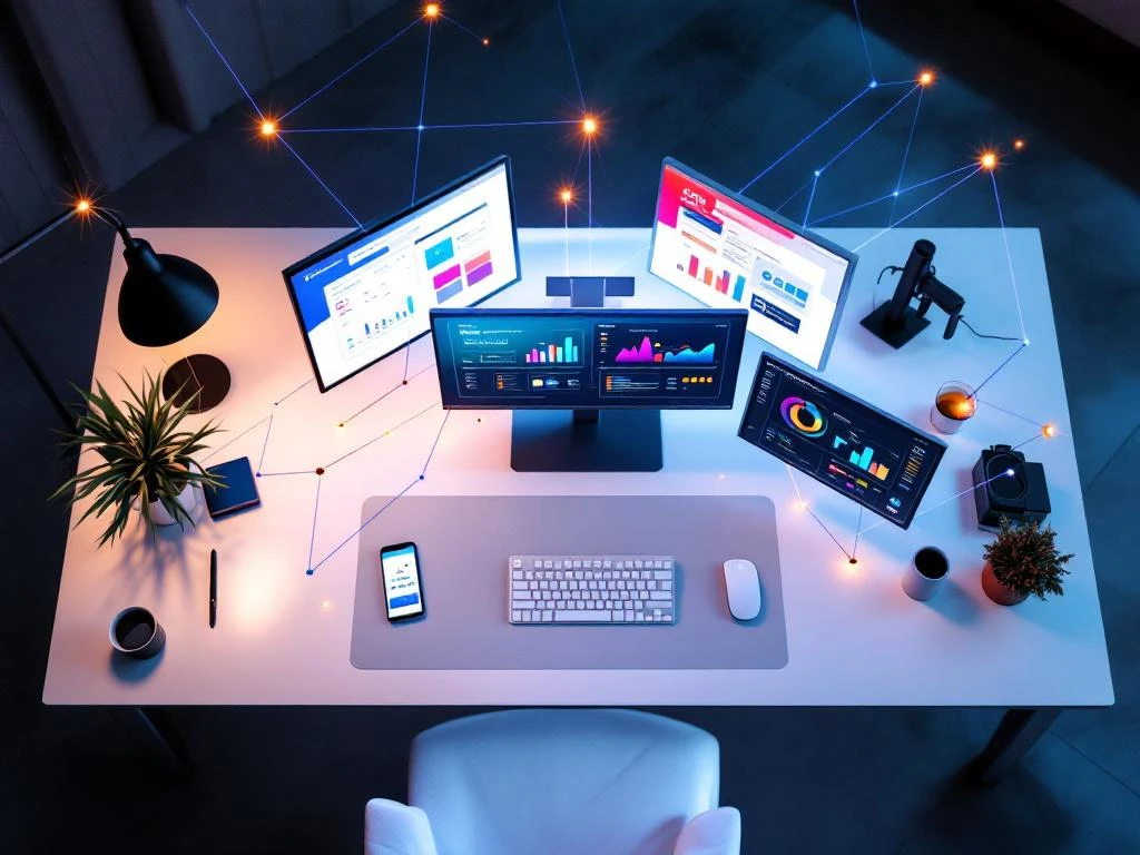 Moderne kantoorwerkplek van bovenaf met meerdere schermen die projectmanagement dashboards en CRM-interfaces tonen