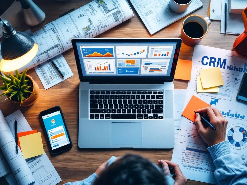 Moderne kantoorbureau met laptop met projectmanagement dashboard, blauwdrukken, smartphone en koffie van bovenaf gezien