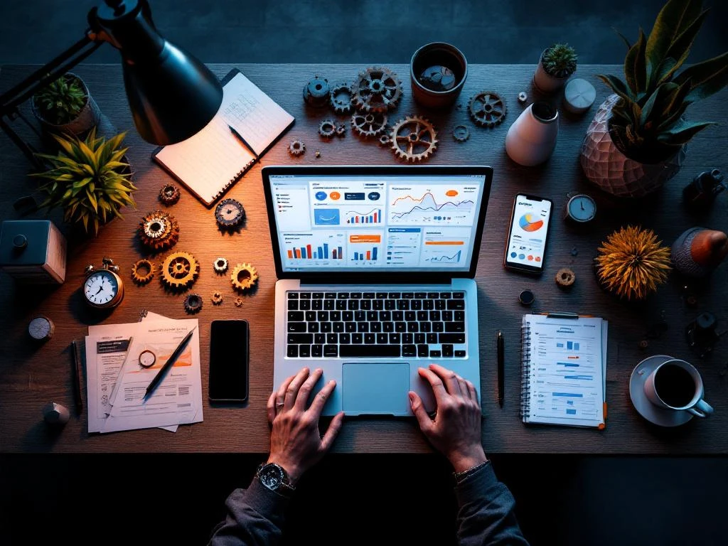 Moderne werkplek met laptop met projectmanagement dashboards, smartphone met CRM-data, stopwatch en tijdlijngrafieken