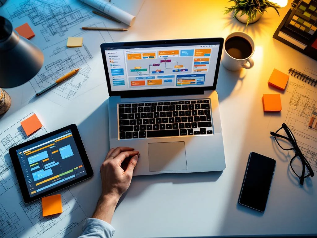 Bovenaanzicht van modern bureau met laptop met projectmanagement dashboard, tablet met Gantt-grafieken en blauwdrukken