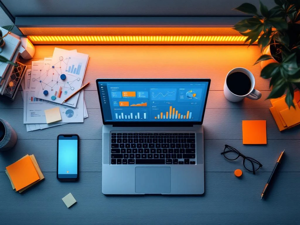 Laptop met kleurrijke projectmanagement dashboards op modern bureau met smartphone, grafieken en notities van bovenaf