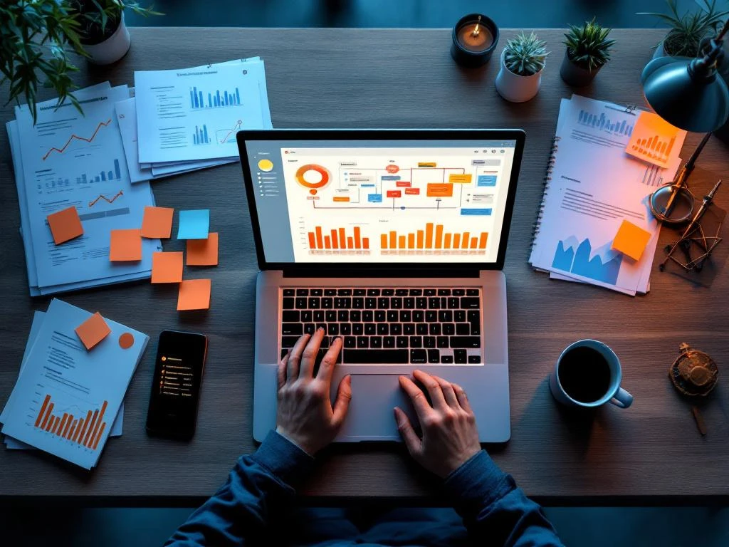 Laptop met kleurrijk projectmanagement dashboard op modern bureau met documenten, notities en smartphone van bovenaf gezien