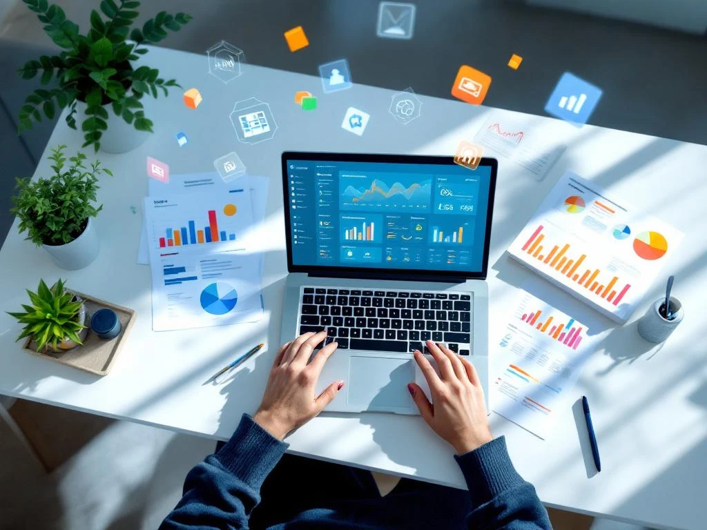 Moderne kantoorwerkplek met laptop met projectmanagement dashboards, omringd door grafieken en documenten in blauw-oranje