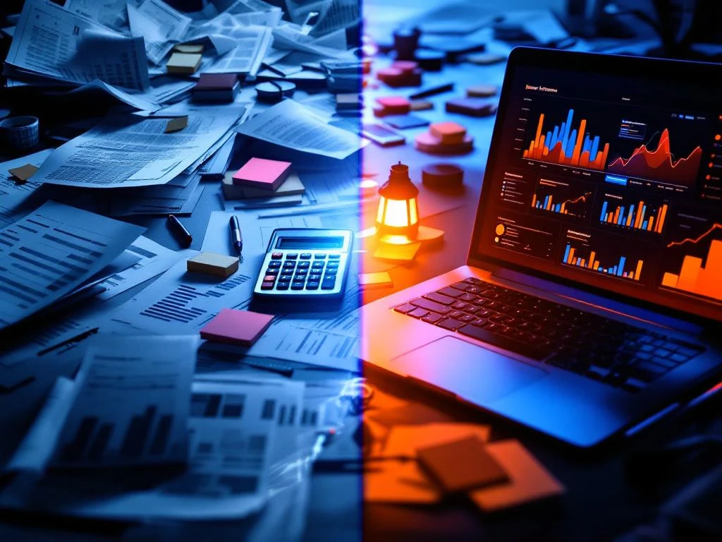 Chaotisch bureau met Excel-sheets en rekenmachine tegenover georganiseerde laptop met projectmanagement dashboard