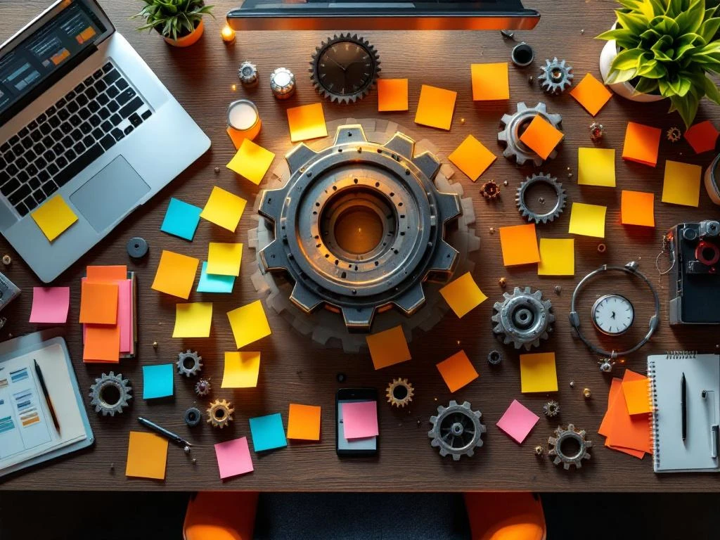 Moderne kantoorbureau van bovenaf met kleurrijke sticky notes, tablet met Kanban-borden en tandwielen voor projectbeheer