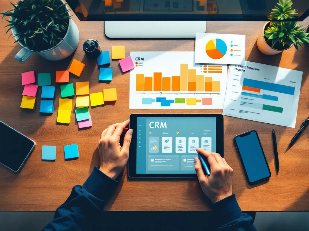 Georganiseerde projectmanagement werkplek met tablet, sticky notes, tijdlijnen en smartphone op houten bureau