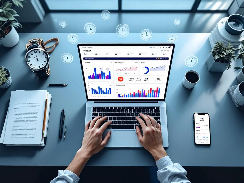 Moderne bureauopstelling met laptop met projectmanagement dashboard, stopwatch, documenten en smartphone voor tijdregistratie