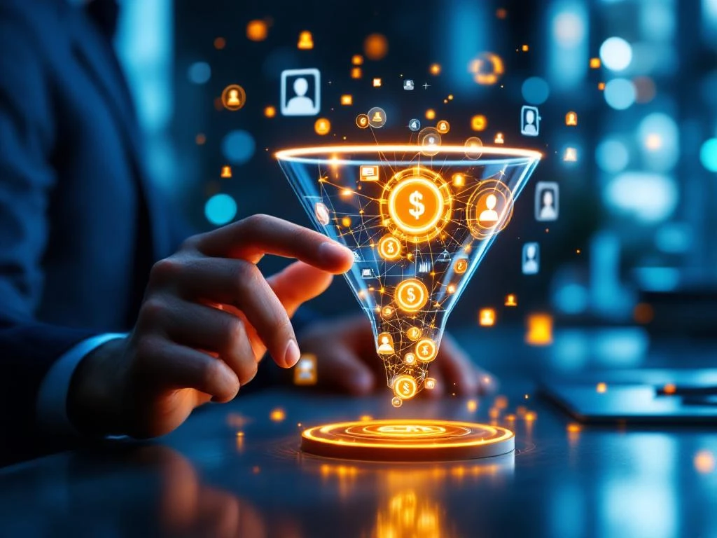 Zakenman manipuleert holografische sales funnel met digitale leads en CRM-data op modern bureau met gouden deal checkmarks