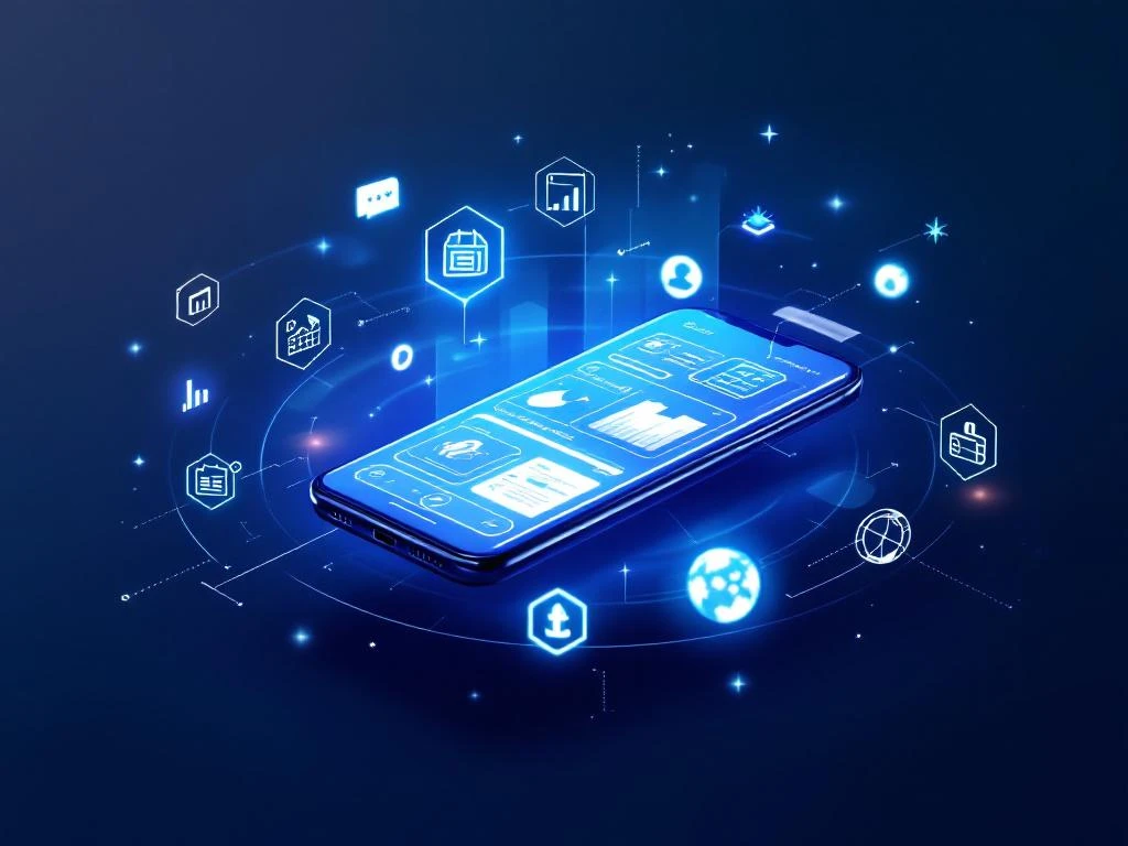 Smartphone met gloeiend projectdashboard omringd door holografische productiviteitsiconen op blauwe achtergrond