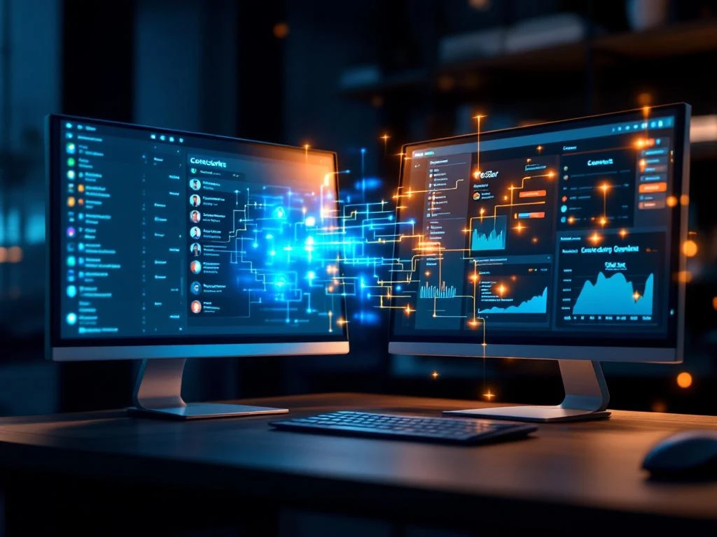Moderne kantoorwerkplek met twee computerschermen die contactbeheer en SnelStart boekhoudingsoftware tonen met geanimeerde datastromen
