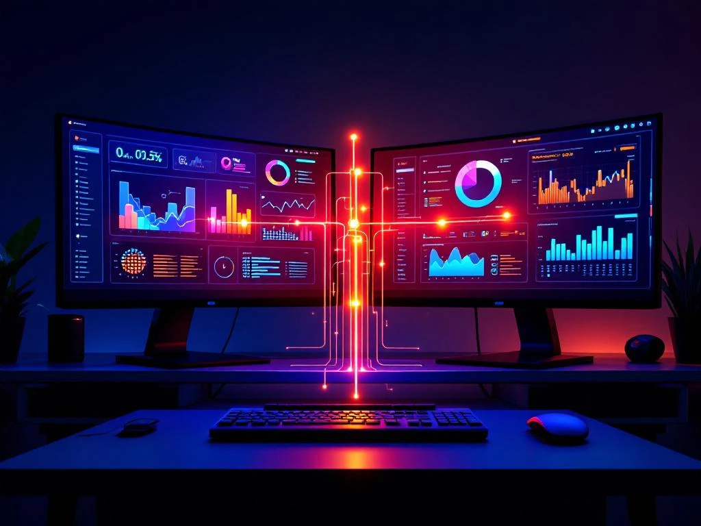 Moderne werkplek met twee monitoren die datavisualisaties tonen, verbonden door gloeiende digitale kabels op een strak bureau