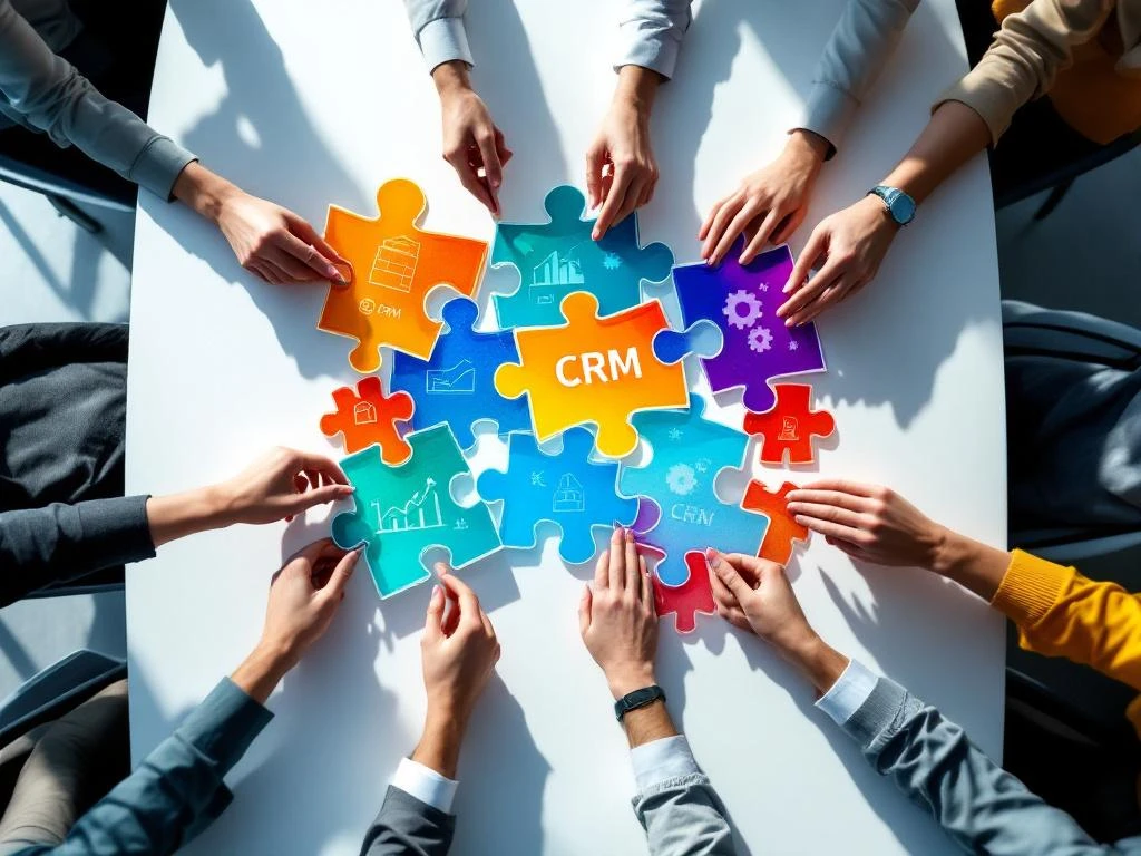 Diverse handen assembleren kleurrijke puzzelstukjes met CRM-pictogrammen rond moderne vergadertafel voor teamcollaboratie