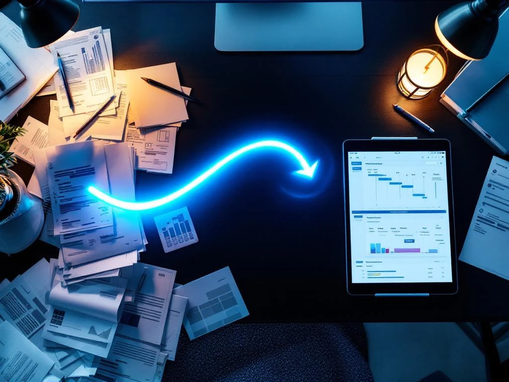 Moderne kantoorwerkplek toont digitale transformatie: van papieren documenten naar georganiseerde workflows op tablet
